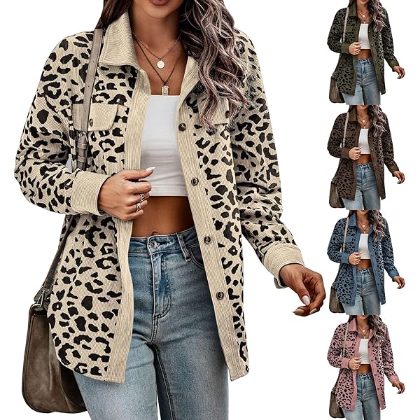 Corduroy Shacket For Women Casual Leopard Print Button Down